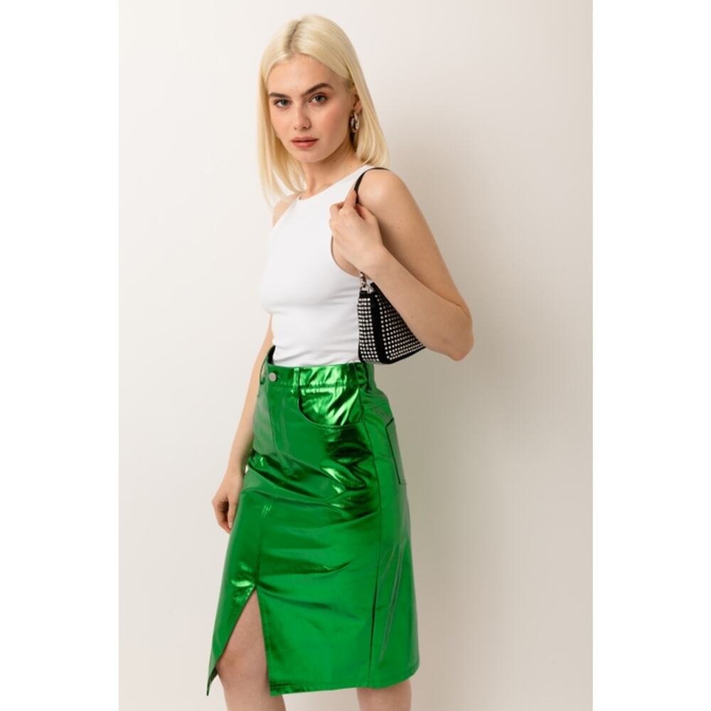 Amy Lynn Green Size Medium Lupe High Waist Metallic Knee Length Skirt
